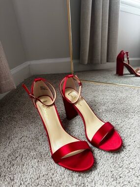 Lulu's Red Satin Block Heel Sandals with Ankle Strap